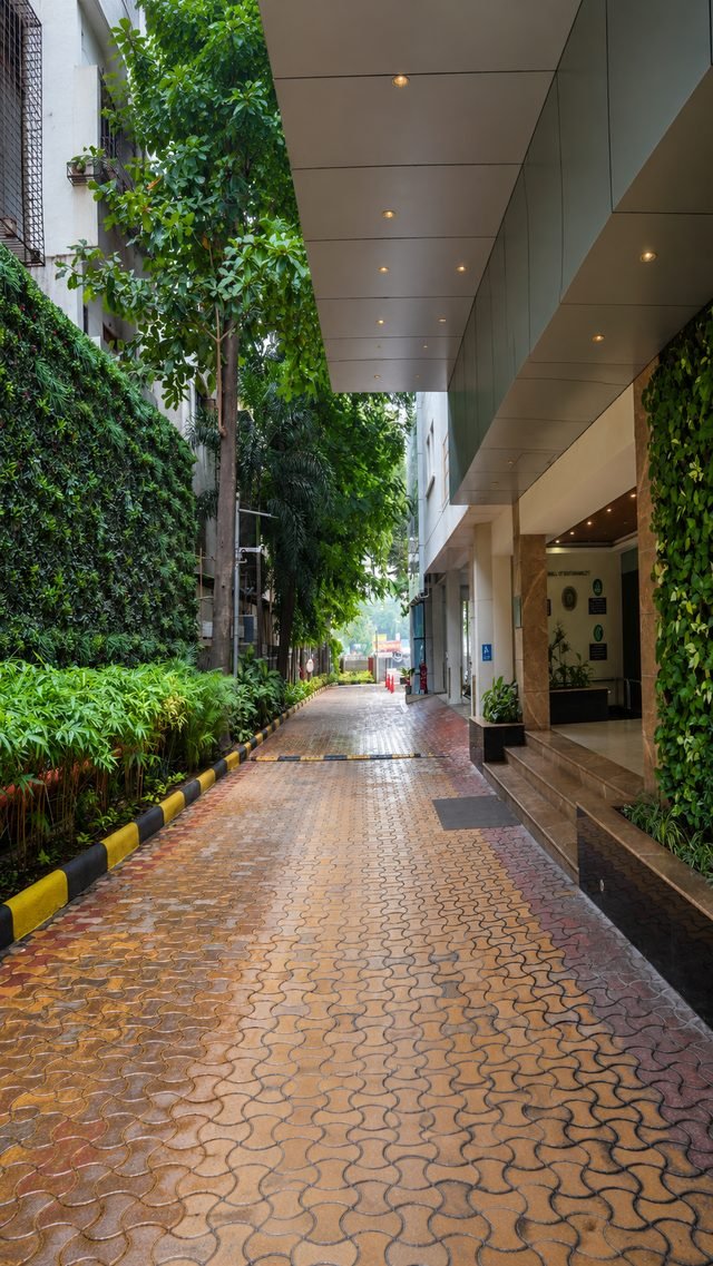 Landscaped arrival drive running the length of the building, with a planted green wall alongside.